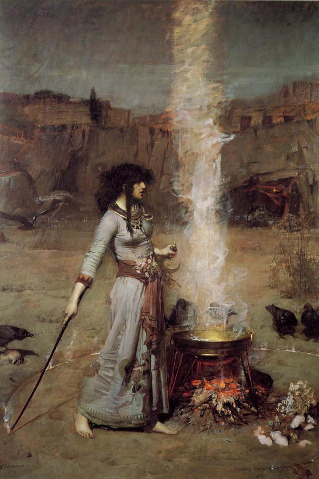 Tableau de John William Waterhouse : une femme trace un cercle magique autour d'un feu allumé