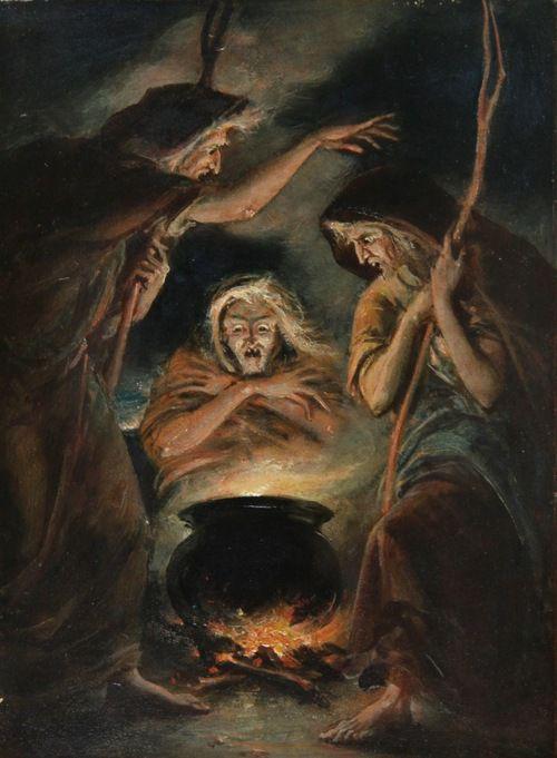 Tableau de William Edward Frost : trois vieilles femmes penchées au dessus d'un chaudron.