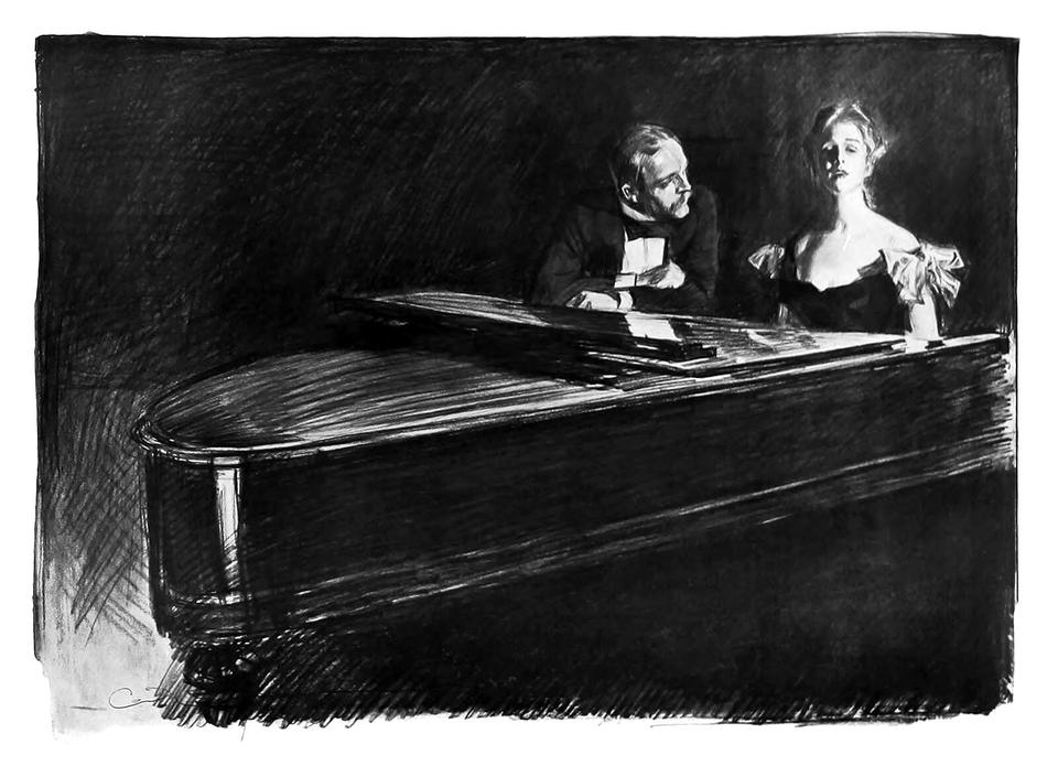 Illustration : une femme en robe de soirée joue du piano d'un air inspiré, sous l'oreille attentive d'un homme en smoking