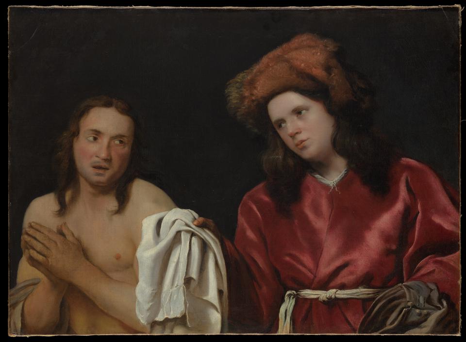 Tableau de Michiel Sweerts. Une personne richement vêtue donne des vêtements à un indigent.