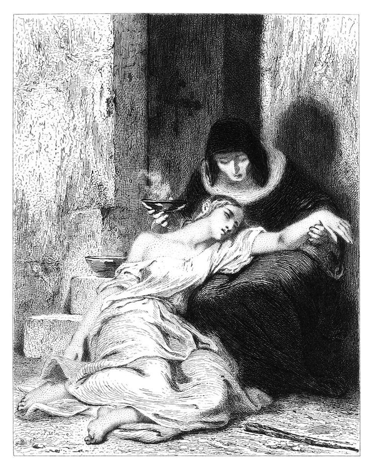 Illustration : une jeune femme épuisée repose sur le giron d'une nonne tenant un bol de soupe.