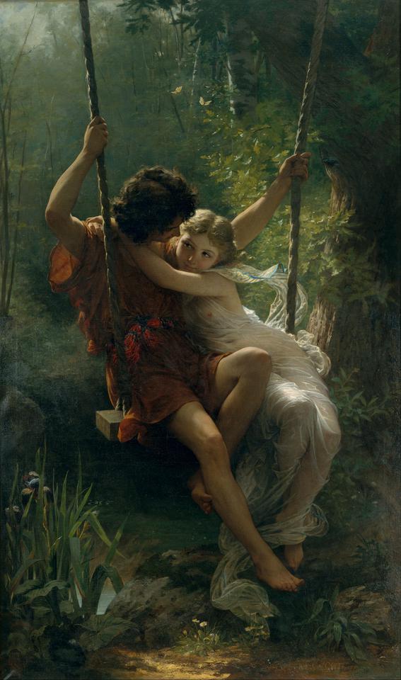 Tableau de Pierre-Auguste Cot. Deux jeunes amants s'enlacent sur une balançoire.