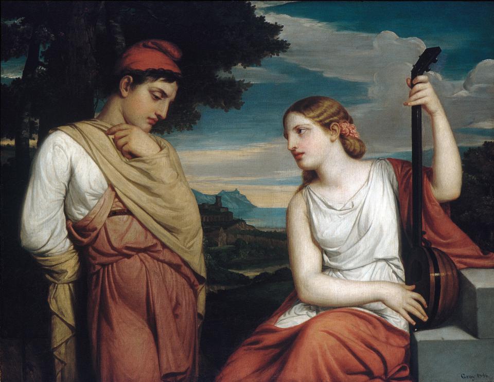 Peinture de Henry Peters Gray. Un homme et une femme se font face, en costume de la renaissance italienne. La femme tient un instrument à corde.