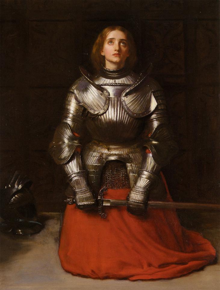 Tableau de John Everette Millais : Jeanne d'Arc en armure et robe rouge prie en tenant son épée