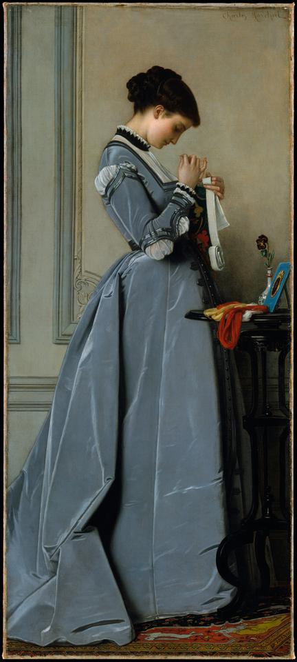 Tableau de Charles-François Marchal : Pénélope, représentée en femme contemporaine, coud en revassant